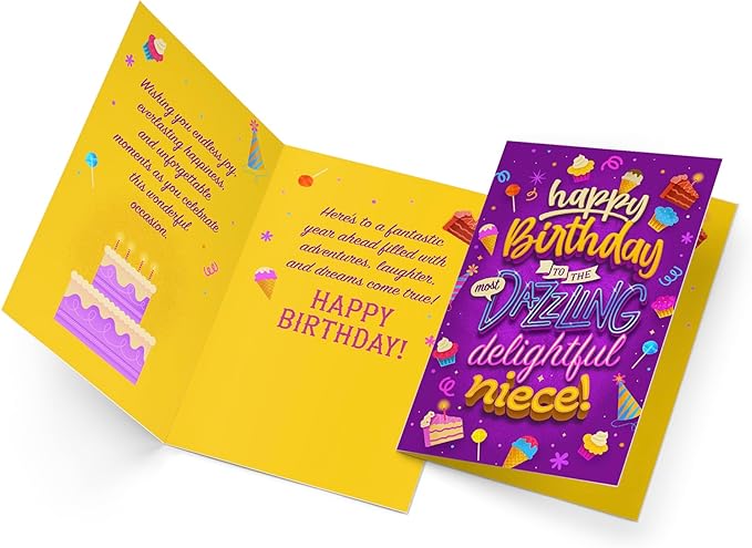 Prime Greetings Niece Happy Birthday Card, Made in America, Eco-Friendly, Thick Card Stock with Premium Envelope 5in x 7.75in, Packaged in Protective Mailer