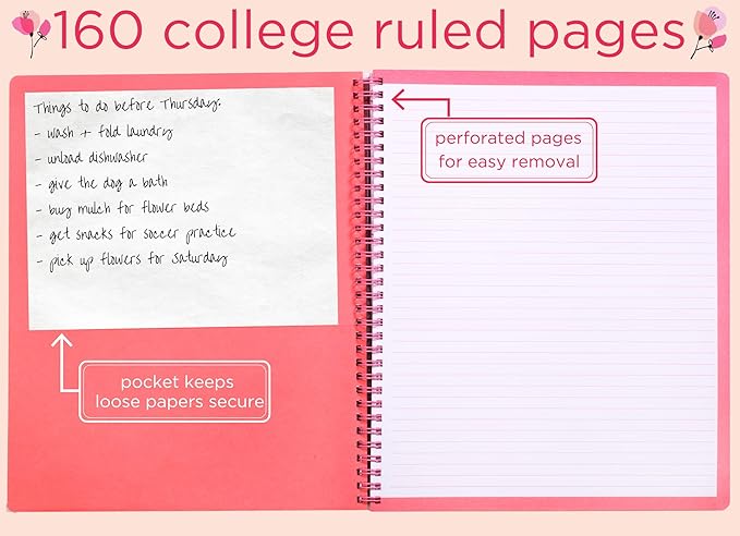 Steel Mill & Co Cute Large Spiral Notebook College Ruled, 11" x 9.5" with Durable Hardcover and 160 Lined Pages, Pink Poppy