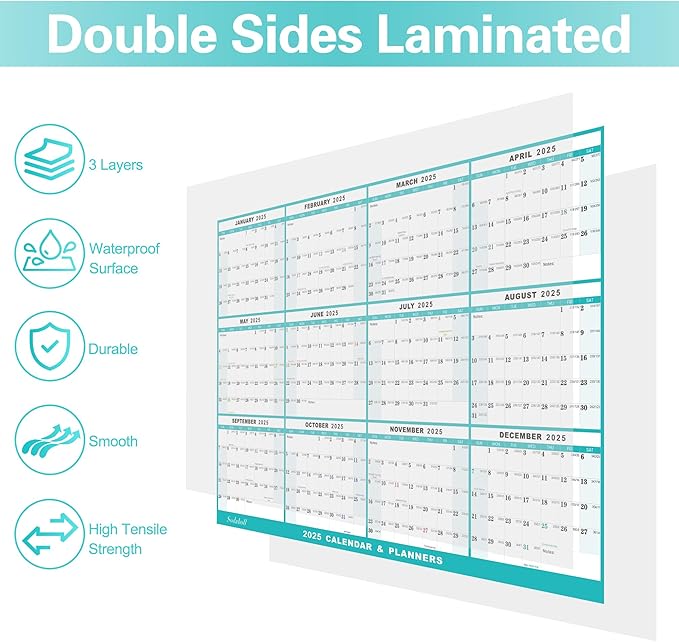 24" x 36" 2025 Wall Calendar, Folded Wet & Dry Erase Wall Calendar 12 Month, Annual Yearly Planner Yearly Laminated Calendar 2025 Horizontal/Vertical, with Julian Dates