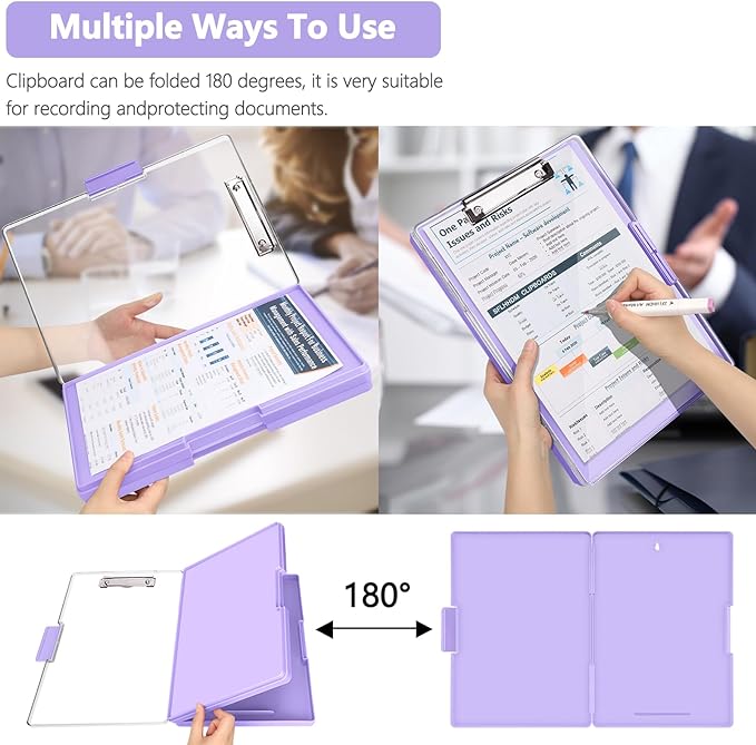 Clipboard with Storage,Heavy Duty Clip Boards 8.5x11 with 2 Storage Case,Clear Visible Top Panel Storage Clipboards,Side Opening Clip Boards,Nursing Clipboard Folder Case for Office Supplies-Purple