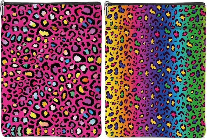 2 Pack Rainbow Leopard Print Book Sleeve, Books Protector，Books Pouch， Book Lovers Gifts，Bookish Gifts Waterproof Cover with Zipper，Leopard Decor Gift Bag for Women Manager Christmas Birthday