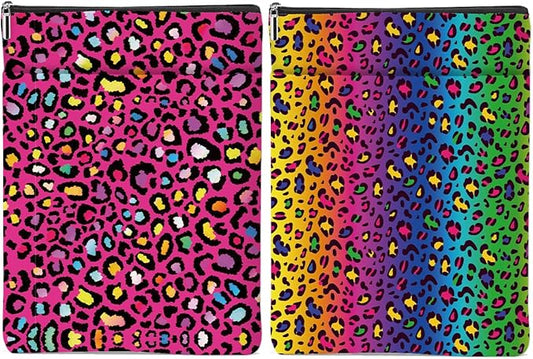 2 Pack Rainbow Leopard Print Book Sleeve, Books Protector，Books Pouch， Book Lovers Gifts，Bookish Gifts Waterproof Cover with Zipper，Leopard Decor Gift Bag for Women Manager Christmas Birthday