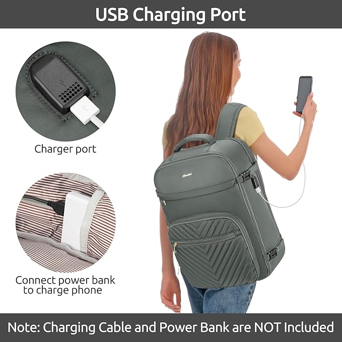 Travel Backpack for Women, Carry On Backpack for Airplanes Flight Approved, Waterproof Large Weekender Overnight Bag Fit 17 Inch Laptop with USB Charging Port, Olive Green