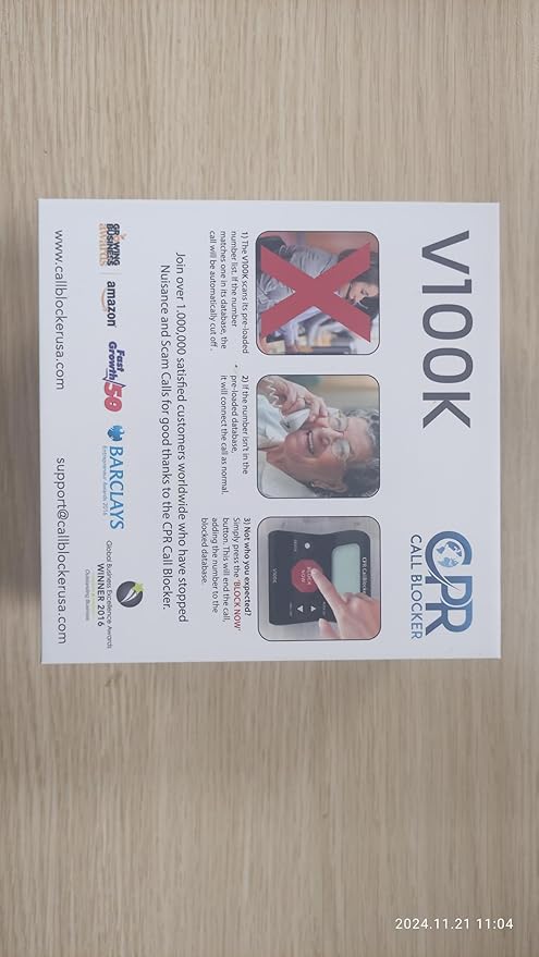 CPR V100K Call Blocker for Landline Phones with Caller ID. Pre-Loaded with 100,000 Nuisance Numbers and Allows Blocking of 10,000 More with a Single Button Press.