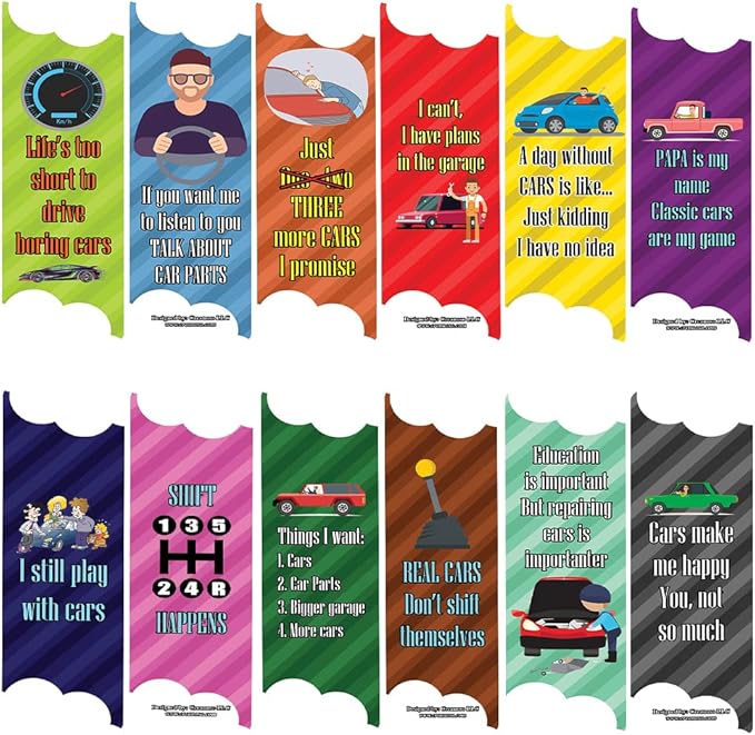 Creanoso A Car Lover Guy Uproarious Humor Bookmarks Sayings (10-Sets x 6 Cards) – Great Bulk Set Incentive Page Binders for Bookworm, Bibliophiles – Stocking Stuffers Gifts Rewards Token Ideas