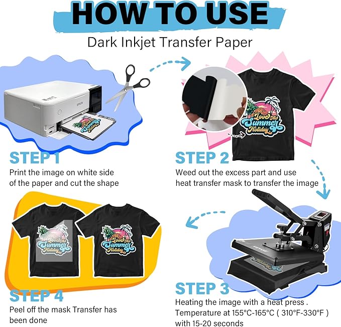 TECKWRAP Printable Heat Transfer Paper for T-Shirts 15 Sheets, 8.3" X 11.7" Printable Heat Transfer Vinyl for Inkjet Printer, Iron on Transfer Paper for Light and Dark Fabric (Matte White)