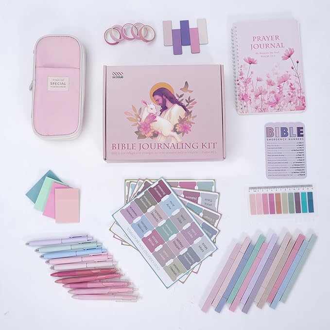 XKDOUS Bible Study Supplies Journaling Kit for Women, Bible Study Kit, Bible Study Tools with Prayer Journal Pencil Case Bible Accessories, Christian Gifts for Women, Pink