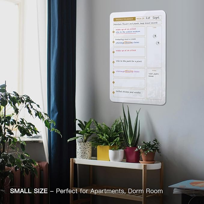 SELEAD Magnetic Glass Whiteboard Weekly Planner - 16”x24” Dry Erase Calendar White Board for Wall, Menu TODO Grocery List Board for Home Kitchen Restaurant - White&Gold