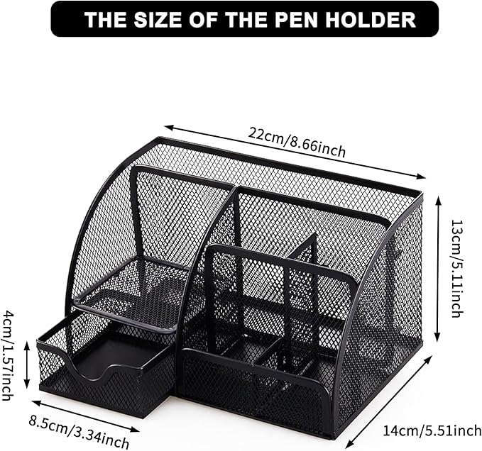Mesh Desk Organizer, Desktop Organizer with Drawer, Office Supplies Multi-Functional Caddy, Metal Stationary Black Desk Caddy, with 6 Compartments and 1 Drawer for Home, School, Workshop, kitchen