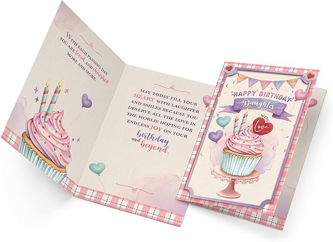 Prime Greetings Cute Daughter Birthday Card, Made in America, Eco-Friendly, Thick Card Stock with Premium Envelope 5in x 7.75in, Packaged in Protective Mailer