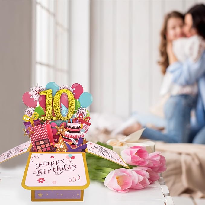 Asmallgf Happy 10th Birthday Popup Card for Daughter Niece, Best Birthday Gift for 10 Years Old Girl Boy, Sweet 10 Birthday Decorations for Him Her