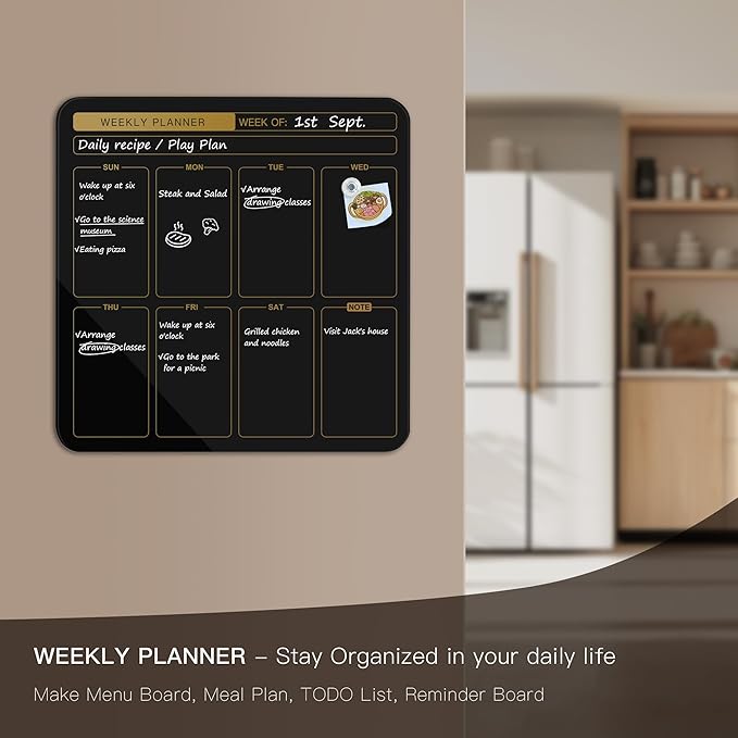 SELEAD Magnetic Glass Planning Board for Small Apartment - 18”x18” Dry Erase Whiteboard Weekly Planner Wall Calendar, Message Memo TODO Board for Home Kitchen, Black&Gold