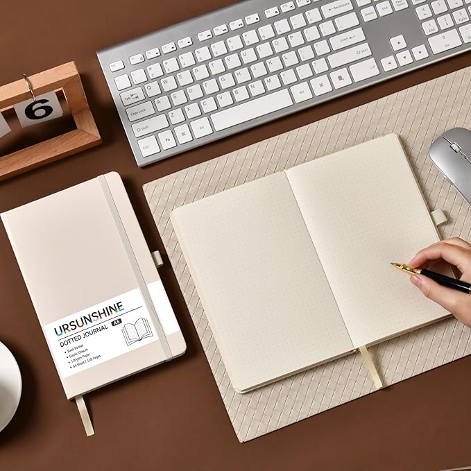 Dotted Journal/Notebook - Dot Grid Hard Cover Notebook, Premium Thick Paper with Fine Inner Pocket, Black Smooth Faux Leather, Pen Loop, 5.3'' x 8.26'' - Vanilla