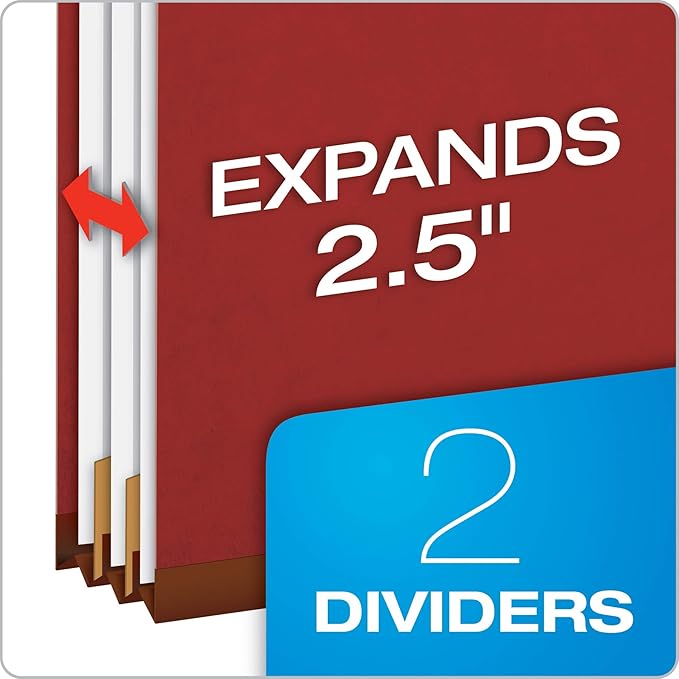 Pendaflex Recycled Classification File Folders, 2 Dividers, 2" Embedded Fasteners, 2/5 Tab Cut, Letter Size, Red (24075R), Specialty, Box of 10