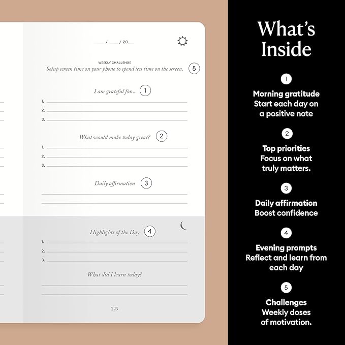 Intelligent Change The Five Minute Journal, Original Daily Gratitude Journal 2025, Reflection & Manifestation Journal for Mindfulness, Undated Daily Journal with Gold Foiling, Plastic-Free, Black