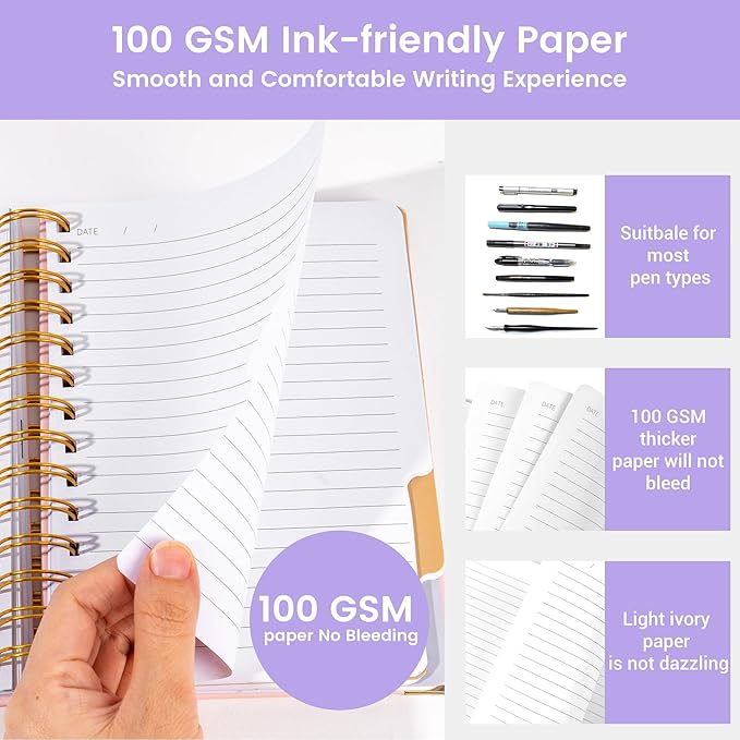 Hardcover Spiral Notebook with Tabs 5.5"x7.5" Small Spiral Lined Journals for Women with Dividers 220 Pages College Ruled Composition Notebook 5 Subject Notebook for Work School Gifts, Purple