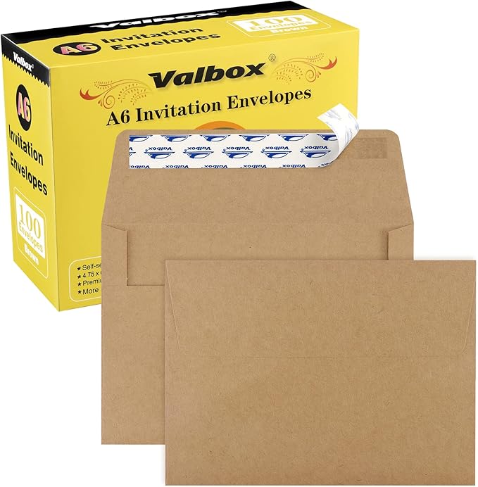 ValBox 100 Qty A6 Envelopes Self Seal 6.5 x 4.75" Brown Kraft Paper Invitation Envelopes for 4x6 Cards, Photos, Invitations, Weddings, Baby Shower, Birthiday, Announcements, RSVP (A6)