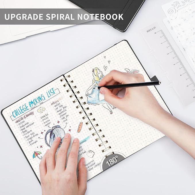 AHGXG Bullet Dotted Journal Spiral Notebook, Hardcover Leather Dotted Notebook 140 Pages, A5 Dot Grid Paper Notebook, 100 gsm Thick Paper, for Bullet Journaling, 5.7" x 8.3", Black