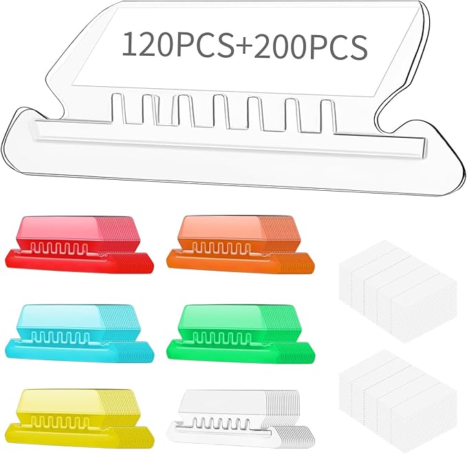 Hanging File Folder Tabs, 120 Pcs File Folder Tabs and 200 Pcs Inserts, File Tabs for Hanging Folders, Plastic Hanging Folder Tabs, Clear Hanging File Tabs for File Folders(Multicolor)