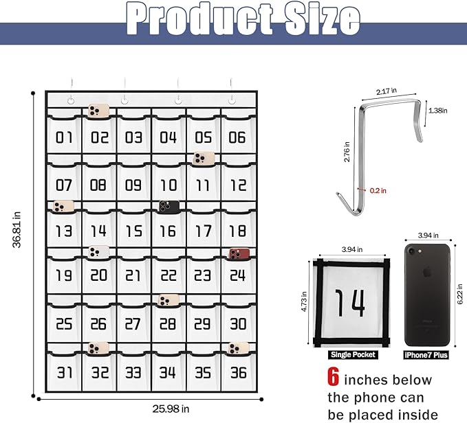 Loghot Numbered Classroom Sundries Closet Pocket Chart for Cell Phones Holder Wall Door Hanging Organizer (36 Pockets White)