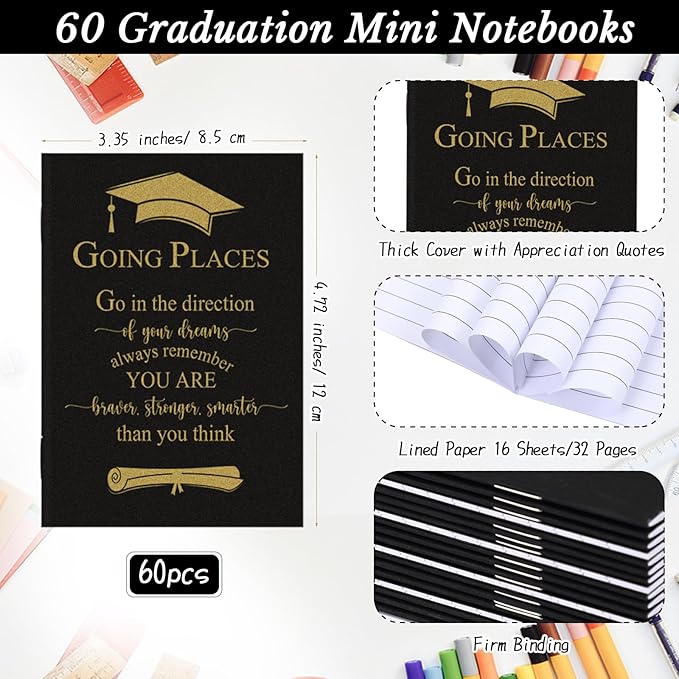 Kosiz 120 Pcs Graduation Gifts Motivational Mini Journal Inspirational Bamboo Pen Kraft Notebooks Bulk Wooden Retractable Ballpoint Pen for Class of 2025 College Gifts (Black)