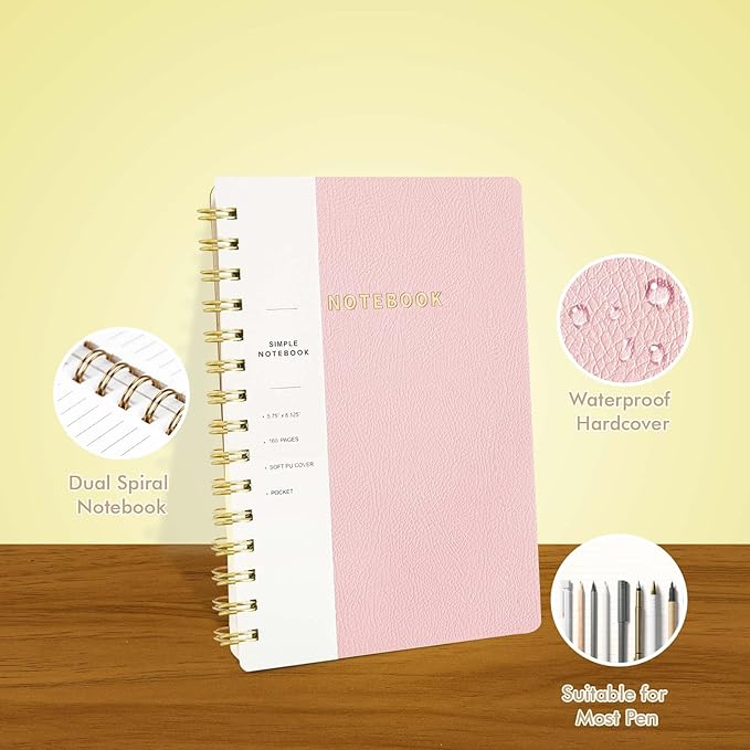 Lined Spiral Notebook College Ruled A5 Journal Book for Note Taking, 160 Pages Writing Journal for Office and Home School Supplies 5.75 x 8.125 inch - Pink