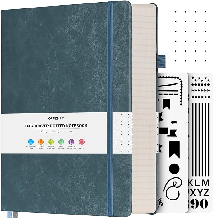 Dotted Journal Notebook, 312 Numbered Pages Large B5 Hardcover Leather Notebook, 100gsm No Bleed Paper Dot Grid Notebook with Index Pages, Dot Journal for Women Men, 7.6'' X 10'', Grey Blue