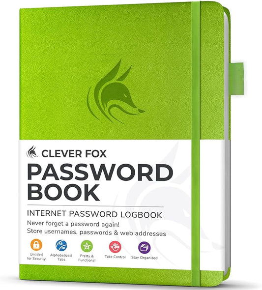 Clever Fox Password Book with Alphabetical tabs. Internet Address Organizer Logbook. Small Pocket Password Keeper for Website Logins (Green)