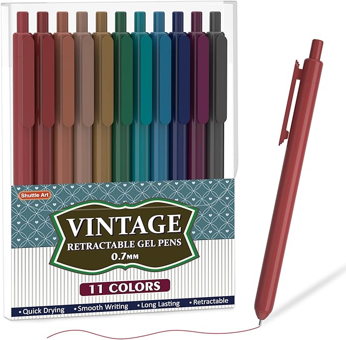 Shuttle Art Colored Retractable Gel Pens, 11 Unique Dark Vintage Ink Colors, Cute Pens 0.7mm Medium Point Quick Drying for Writing Drawing Journaling Note Taking School Office Home