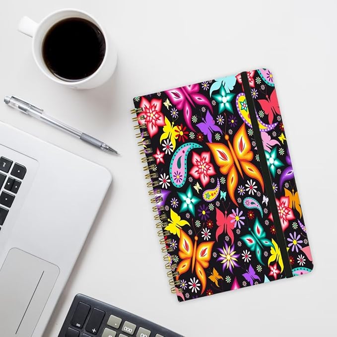 Spiral Notebook - A5 Spiral Notebooks, 8.3'' × 5.8'', 160 Pages, Aesthetic Journaling Notebooks for Women, College Lined Notebook with Elastic Closure, Back Pocket, for School Office, Butterfly