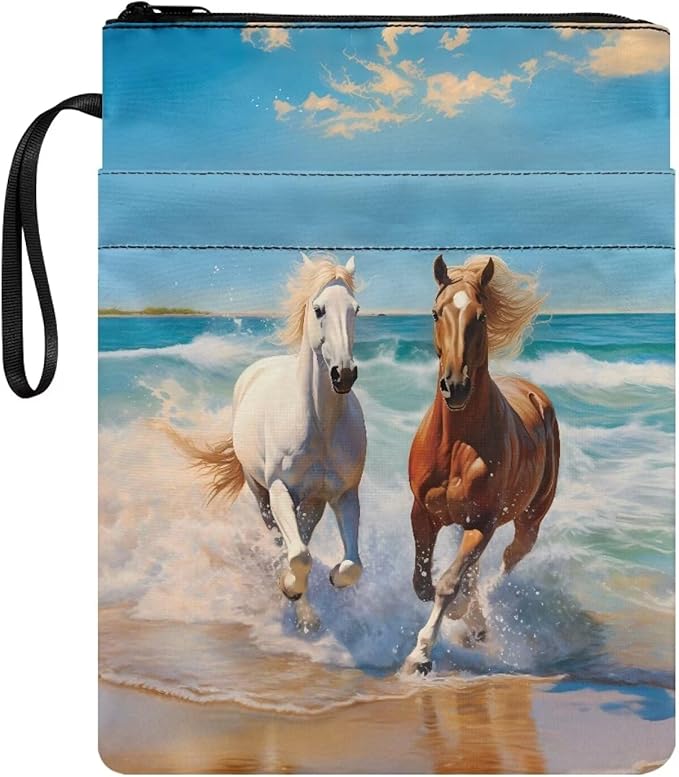 COEQINE Running Horses Book Cover with Zipper for Kids Women Portable Book Pouch Book Lovers Gifts Bookish Gifts Book Cover with Zipper for Hardcover Paperback Washable