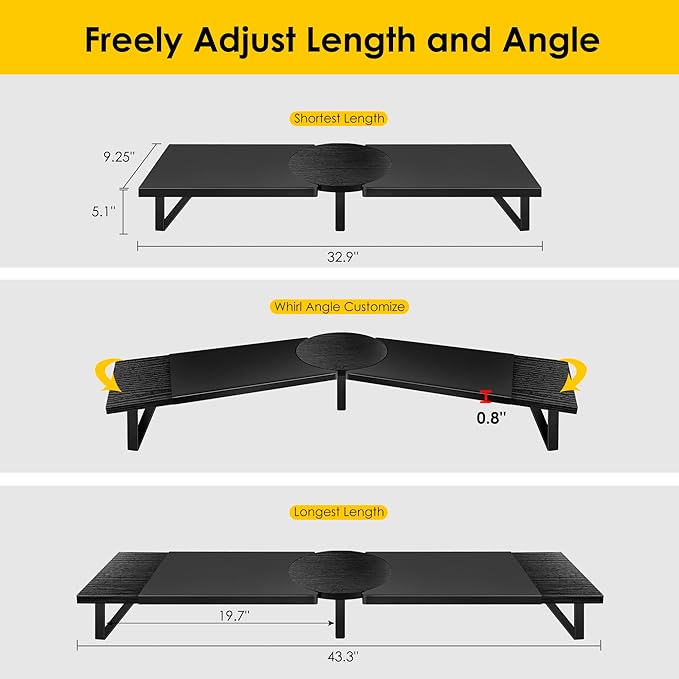 Dual-Monitor-Riser-Stand-For-Desk, Large Monitor Stand Riser For 2 Monitors With Adjustable Length Angle, Double Computer Riser For Desktop Organizer, Monitor Shelf Riser For TV Laptop Printer