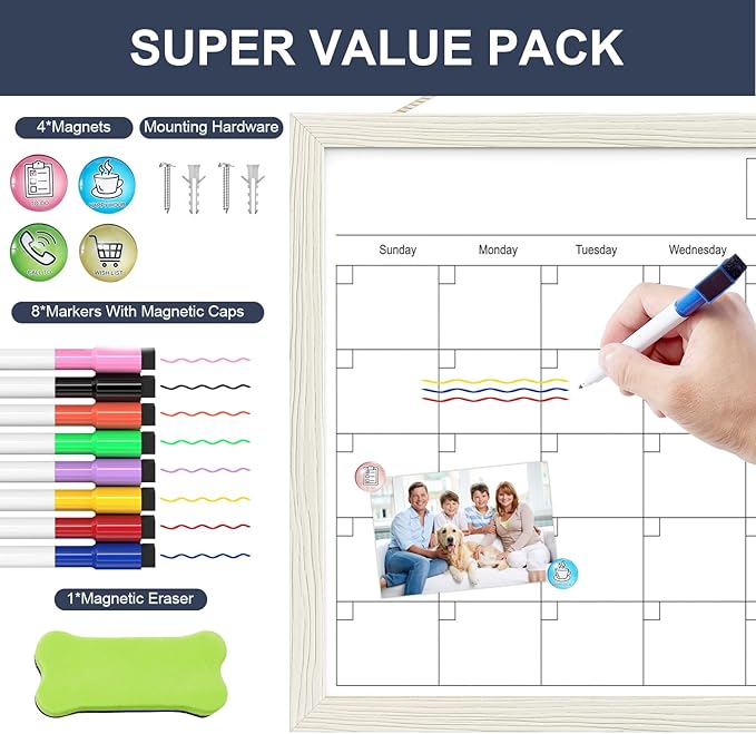 Calendar Whiteboard for Wall, TANKEE 17x13 Inches Dry Erase Calendar, Magnetic Small White Board with Wood Frame, Hanging Dry Erase Board for Wall Kitchen Home Office Planner