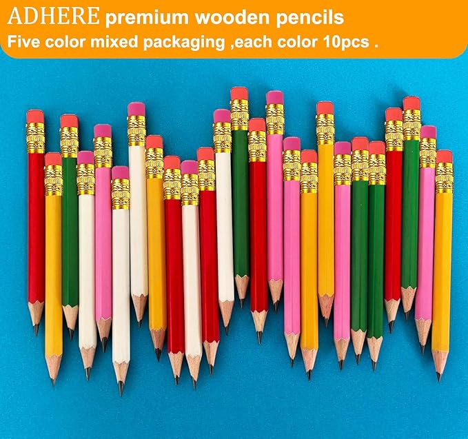 Adhere 25pcs Golf Pencils with eraser Hexagon Wooden Pencils Graphite 2B for Golf Event Scoring,Classroom,Wedding,Company Meetings,Pew, Pocket (Z- White・Pink・Red・Yellow・Light green・50pcs)