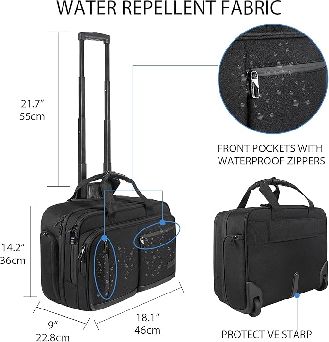 VANKEAN 17.3 Inch Rolling Laptop Bag, Waterproof Overnight Rolling Bags, Laptop Bags for Travel/Work/Business, Stylish Carry on Briefcase, Black