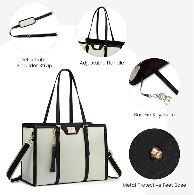 T's Luxury Laptop Tote Bag For Women 15.6 Inch Canvas Bag With Vegan Leather Trim Briefcase Computer Bag With Clutch Purse For Office Business,Travel, Beige and Black.