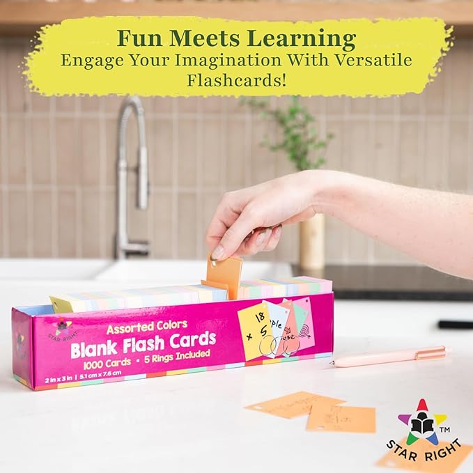 Star Right Assorted Colored Blank Flash Cards - Note Cards with Rings - 2"x3" Blank Index Note Cards, Flash Cards Blank, 1000 Pre Hole Punched Index Cards with Metal Binder Rings, Blank Flashcards