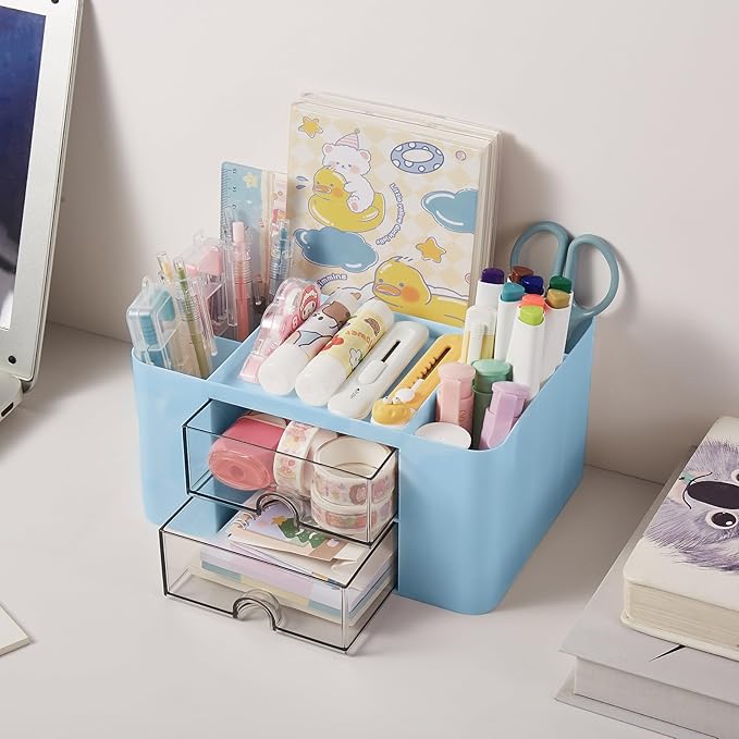 Pen Holder for Desk, Pencil Organizer Makeup Brush Holder Cup Storage Pen Cups Stylish Marker Pen Organizer Makeup Brush Holder Desk Accessories Organizer for Home School Office Blue