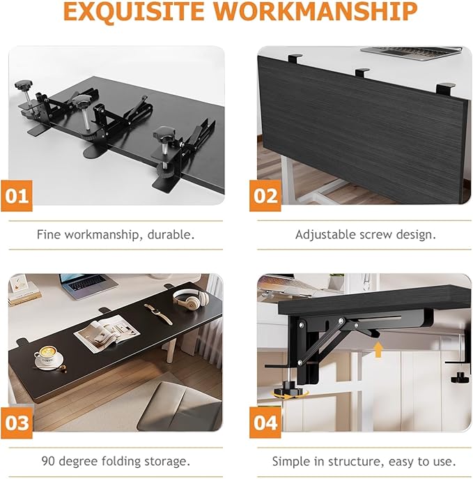 Desk Extender 24 x 12 Inch Foldable Table Extension Folding Wall Table Keyboard Extender for Desk Clamp-on Shelf for Dorm Bunk, Laundry Room (Black)