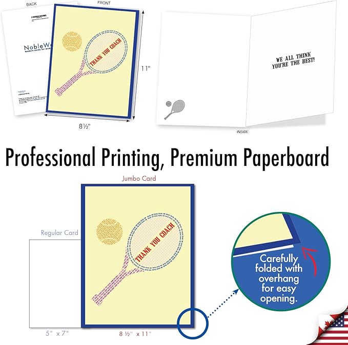 NobleWorks - Jumbo Team Coach Thank You Greeting Card From Us 8.5 x 11 Inch with Envelope (1 Pack) Sports Teacher Gratitude, School Athlete Appreciation Notecard, Tennis Racquet J10037ATYG-US