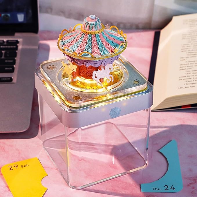 Time Piece Calendar,3D Art Calendar Memo Pad 2025 Creative Desk Calendar with Light,Carousel Rip Away Paper Carving 3D Memo Pad Art Notepad Christmas Gift