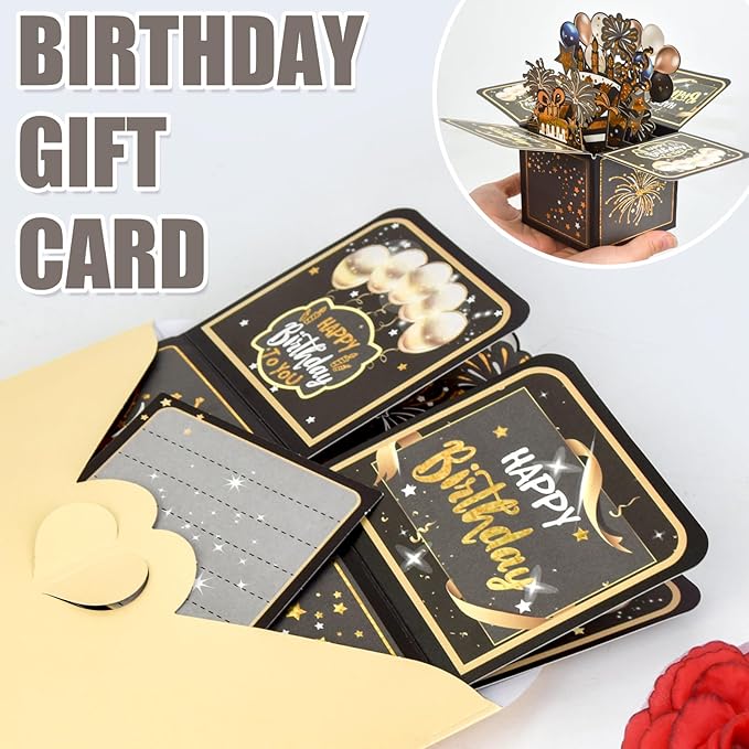 Surprise Pop Up Happy Birthday Cards, Lovely 3D Birthday Card for Adults and Kids with Envelopes, Unique Design Handmade Foldable Greeting Cards for Daughter, Son, Mom, Dad, Friend（Black）