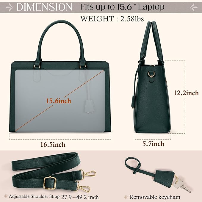 RAINSMORE Laptop Bag for Women 15.6 Inch Waterproof Leather Computer Tote Bag Professional Business Office Work Bags Briefcase Large Capacity Lightweight Women Handbag Shoulder Bag, Dark Green