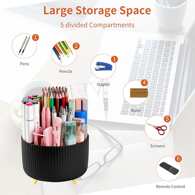 Desk Pencil Pen Holder, 5 Slots 360°Degree Rotating Pencil Pen Organizers for Desk, Desktop Storage Stationery Supplies Organizer, Cute Pencil Cup Pot for Office, School, Home, Art Supply, Black