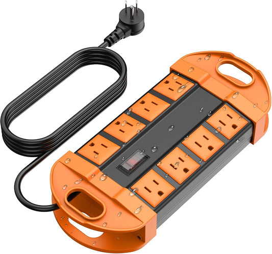 CCCEI Outdoor Power Strip Weatherproof with 8 Plug, Waterproof Extension Cord with Multiple Outlets, Christmas Exterior Garden Yard Surge Protector 6FT, Orange.