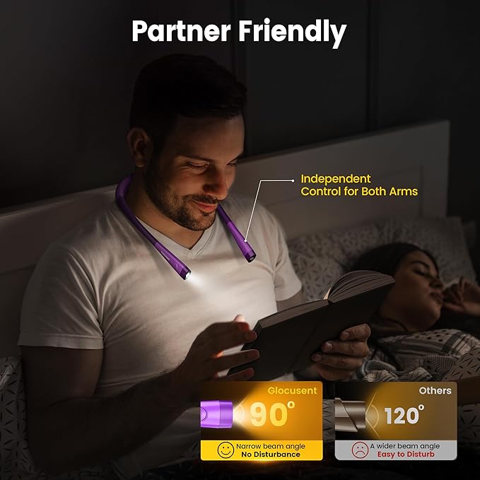 Glocusent Book Light, 3-Color & 6-Brightness Reading Light, Bendable Neck Light, 80-hr Lasting Rechargeable Lamp, Perfect Book Light for Reading in Bed, Knitting, Camping, Repairing, Book Lovers Gifts