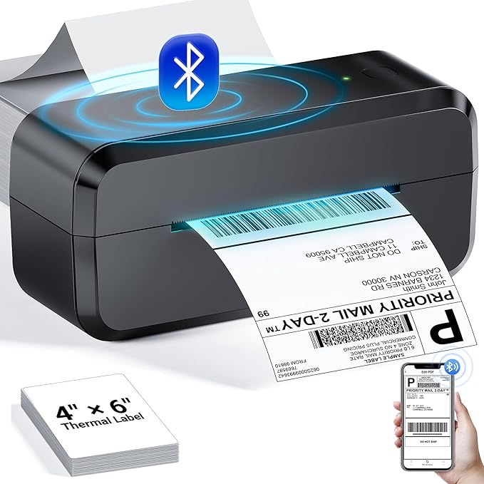 Bluetooth Thermal Shipping Label Printer, Wireless 4x6 Label Printer for Shipping Packages & Small Business, Compatible with Android, IOS, Windows and Mac, Widely Used for Ebay, Amazon, Shopify, Etsy