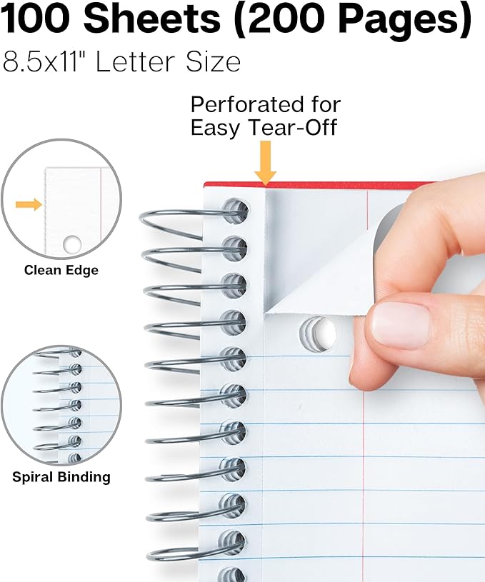 Dunwell 1 Subject Notebook College Ruled (Red), Spiral Notebook 8.5x11 for School, 100 Sheets (200 Pages), Protective Plastic Cover, 2-Pocket Divider, One Subject Note Book 8 1/2 x 11