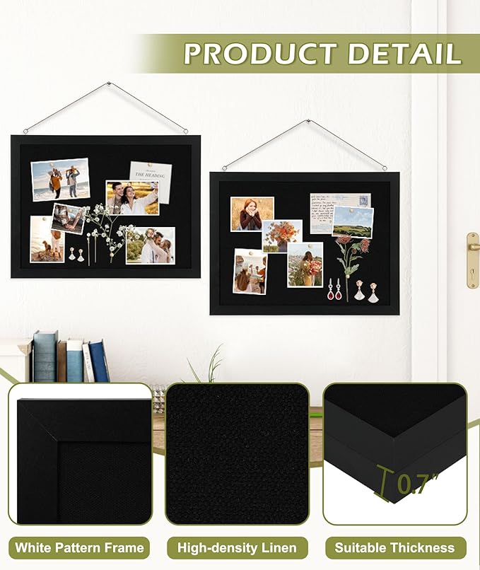 2-Pack Double-sided Black Cork Board with Linen, 16" x 12" Hanging Wood Framed Small Bulletin Board, Picture Display Vision Board Kit Corkboards for Wall Room School Office Decor, 20 Pushpins