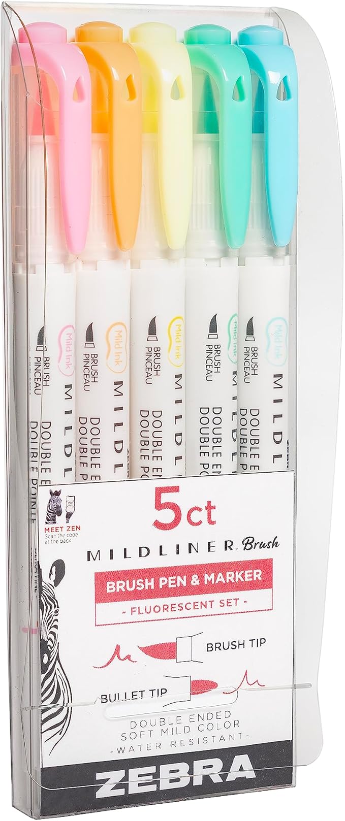 Zebra Pen Mildliner Brush Marker, Double Ended Brush and Fine Tip Pen, Assorted Fluorescent Colors, 5 Pack